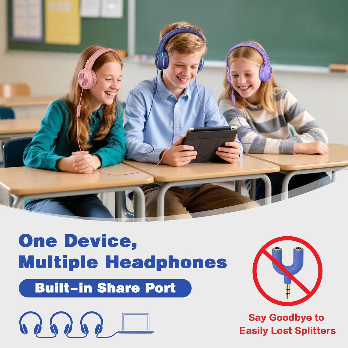 SIMOLIO Manyshare sharing jack enables listening with a friend without a splitter.