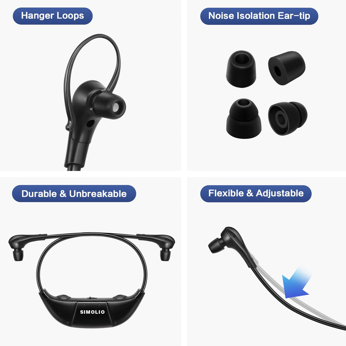 SIMOLIO memory foam tips and ear loops improve long-wear comfort.