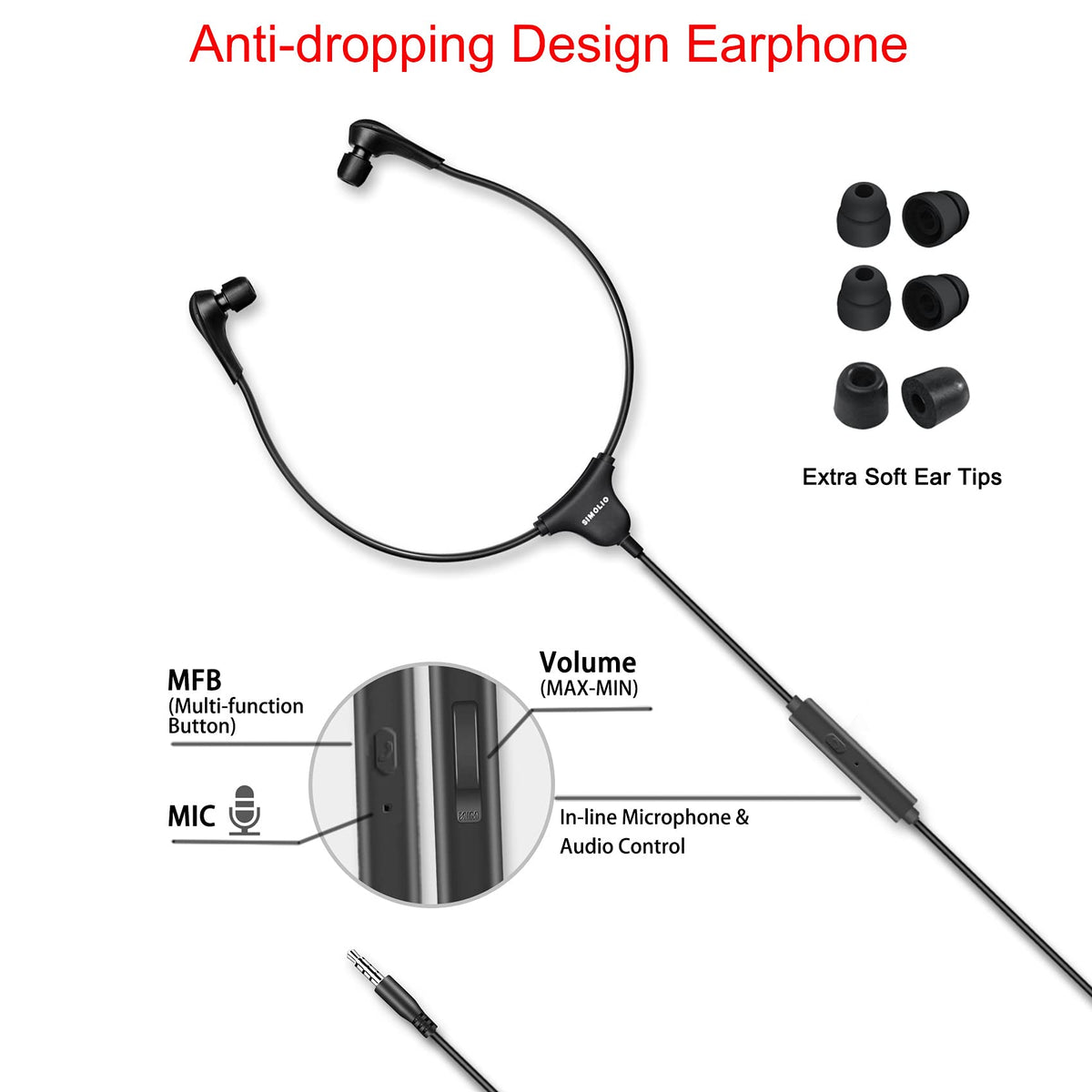 SIMOLIO SM-901TV inline mic and control close-up for hands-free calls.