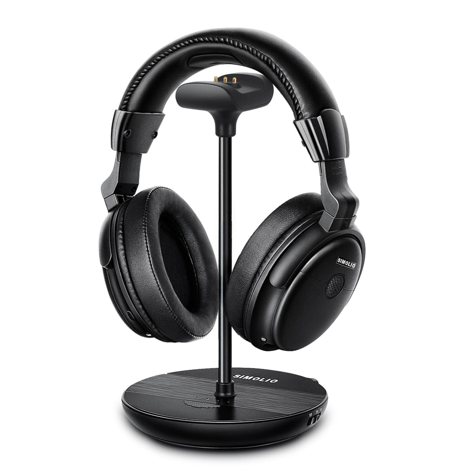 SIMOLIO wireless TV headphones worn over ears for clear TV dialogue.