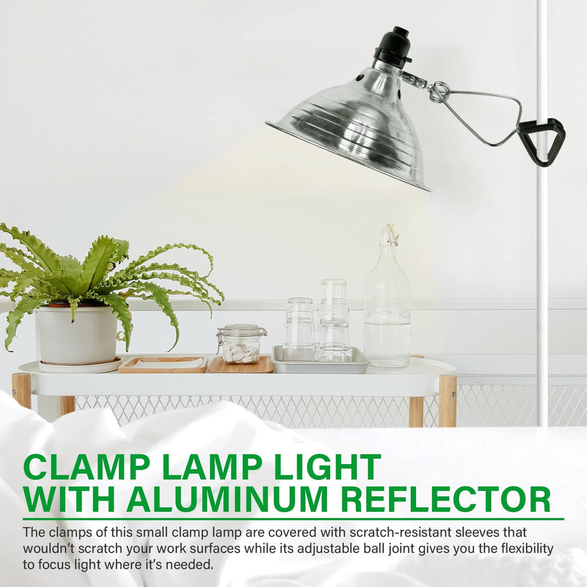 Simple Deluxe aluminum reflector concentrates light for task-focused illumination.