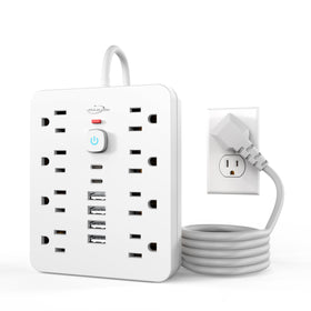 Simple Deluxe JouleLoom power strip with 8 outlets and USB ports for clutter-free desk charging.