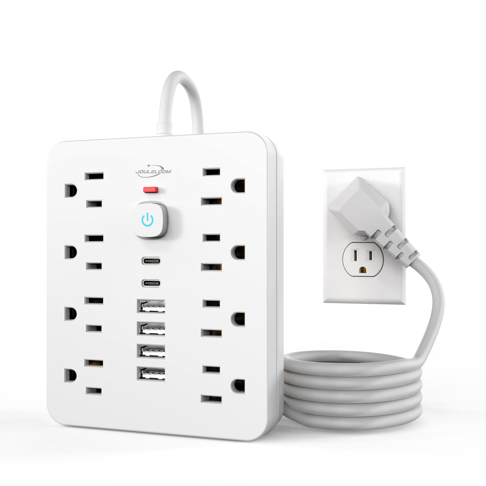 Simple Deluxe JouleLoom power strip with 8 outlets and USB ports for clutter-free desk charging.