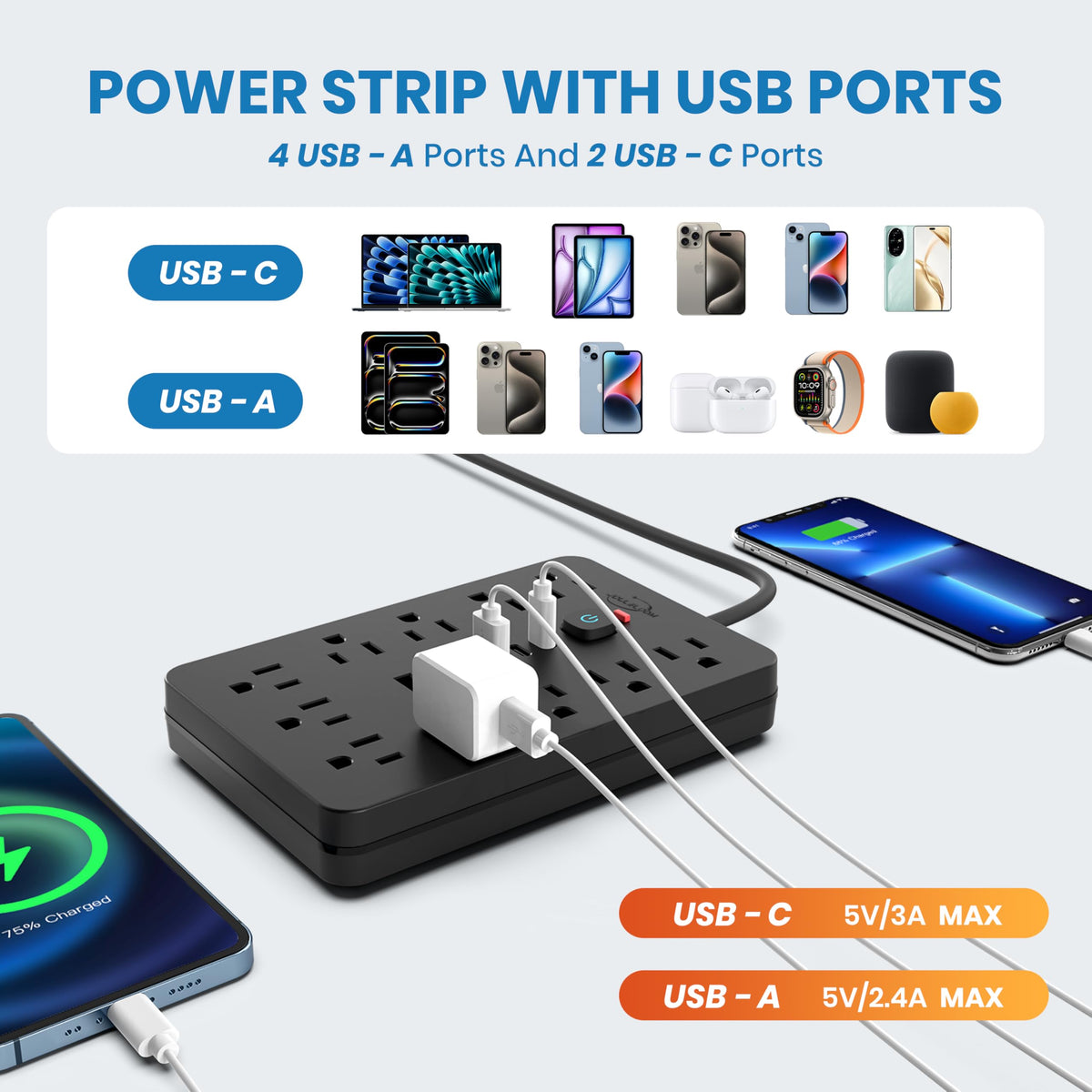 Flat 5-foot extension cord from Simple Deluxe for tight-space setups.
