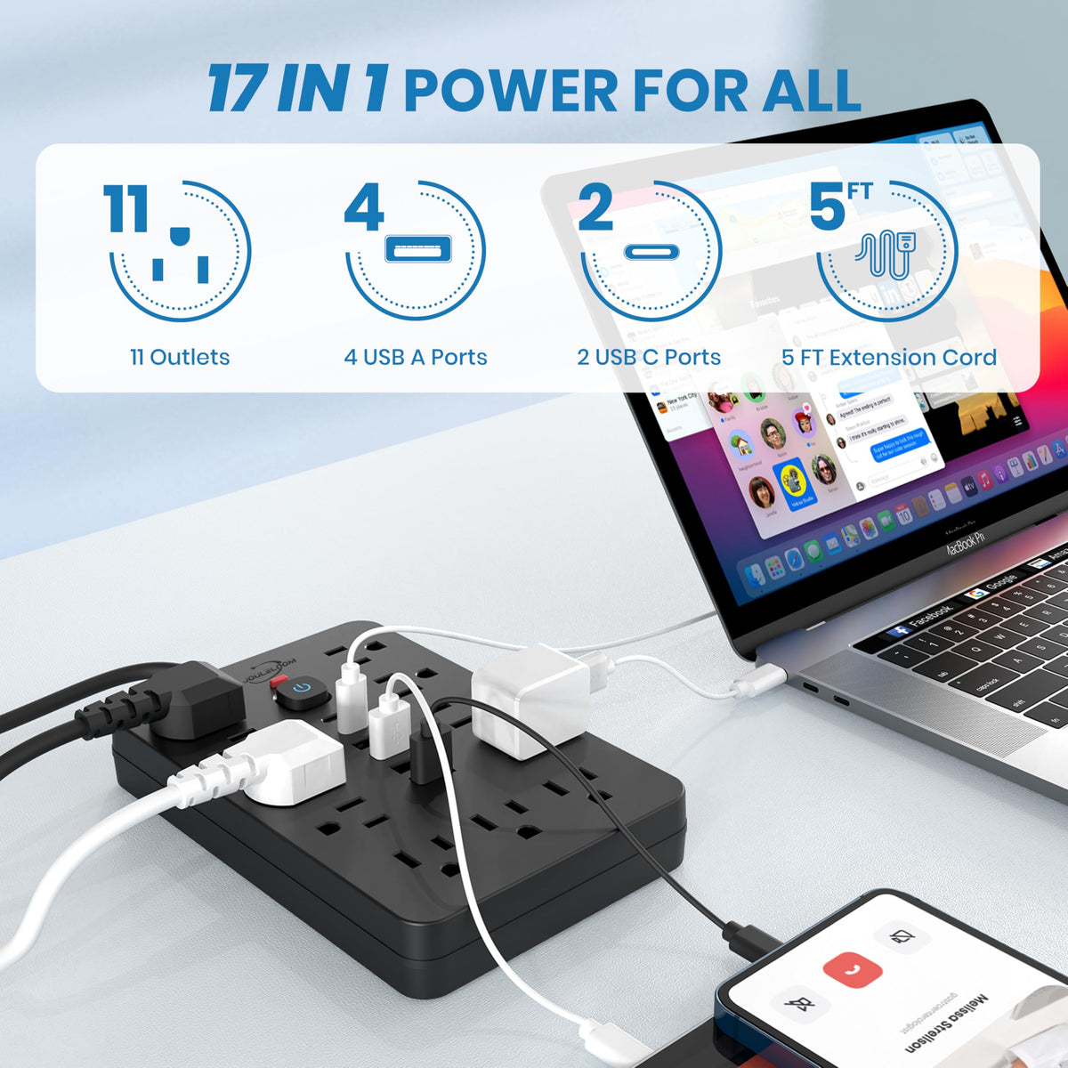 JouleLoom power strip showing USB-C and USB-A ports for efficient charging.
