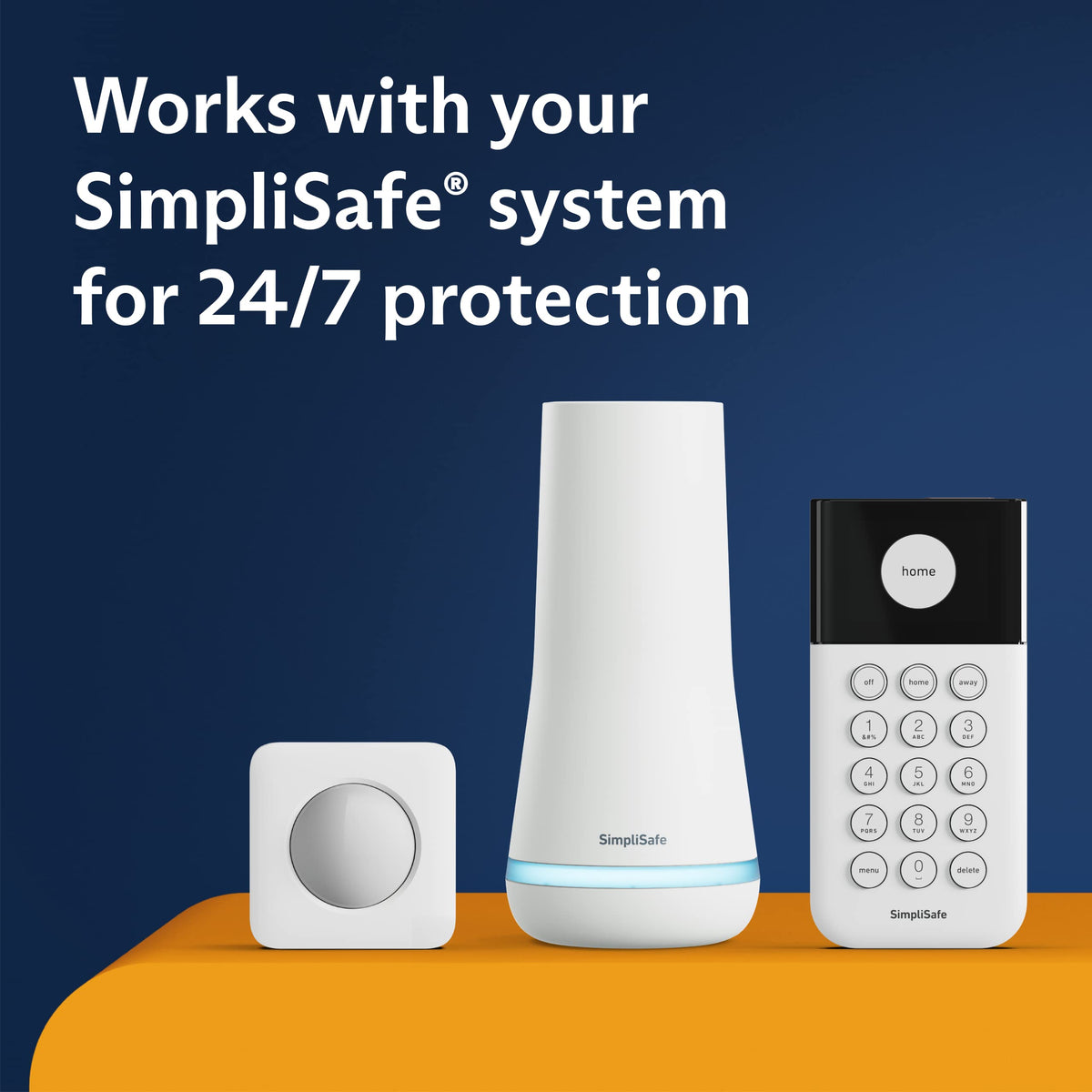 SimpliSafe sensor with packaging and app on phone demonstrating quick setup and alerts