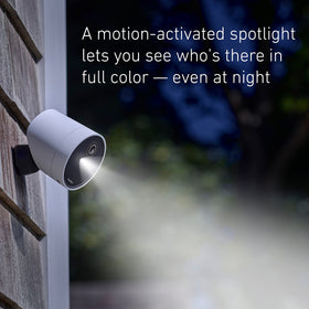 SimpliSafe outdoor camera spotlight activated for nighttime illumination