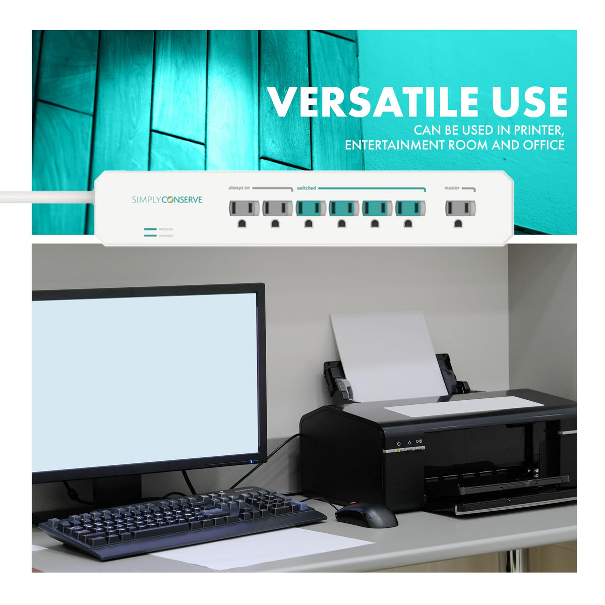Simply Conserve SC73T1 under-desk setup shows child safety covers for added peace of mind
