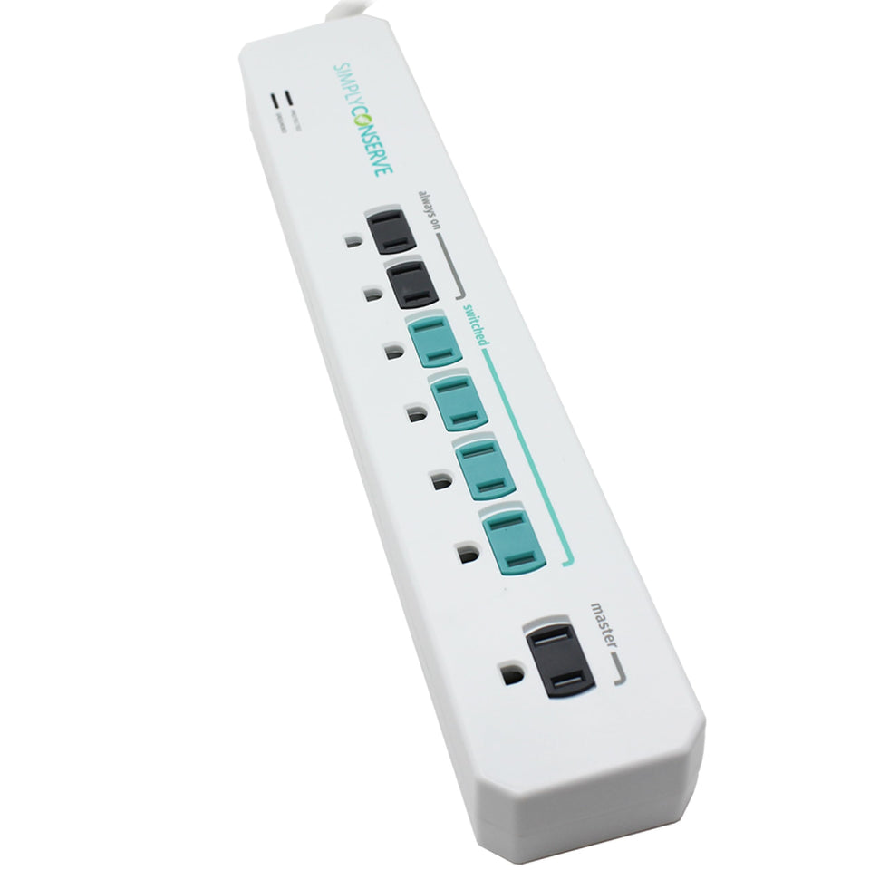 Simply Conserve SC73T1 power strip front view shows energy-saving control outlet for automated power management