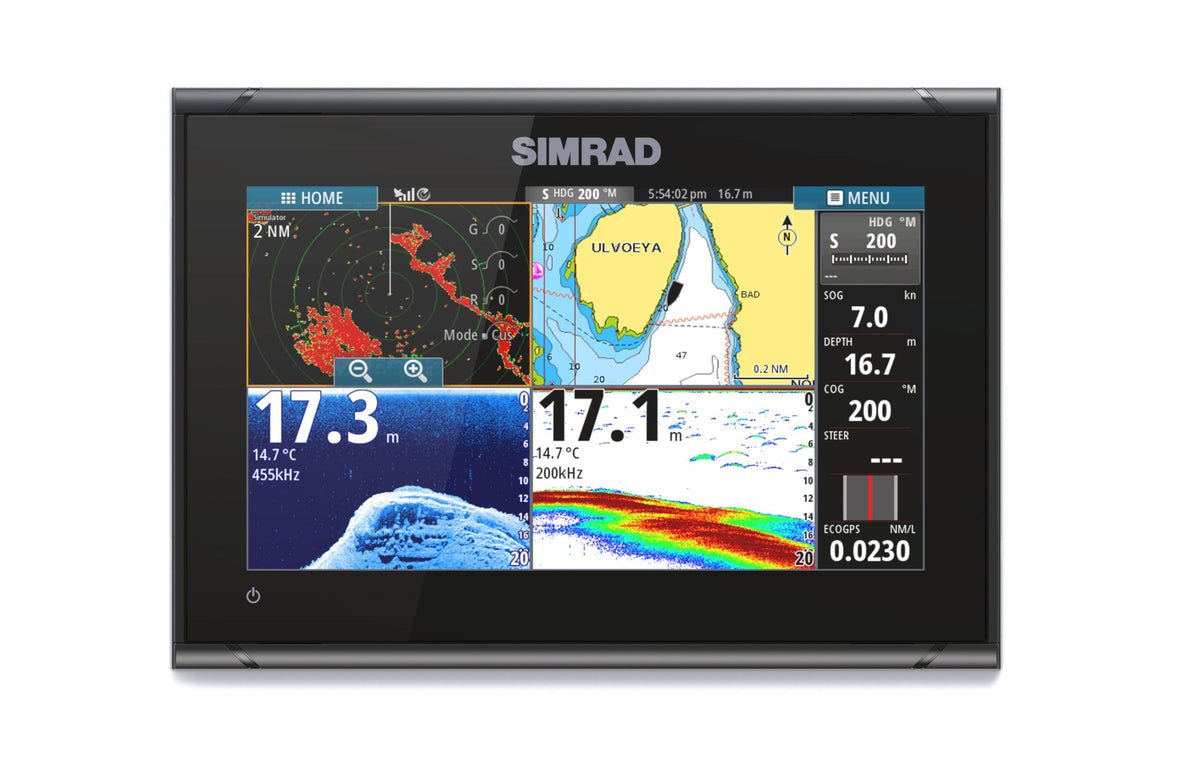 Simrad GO9 XSE 9-inch display showing navigation and charts for precise routing.