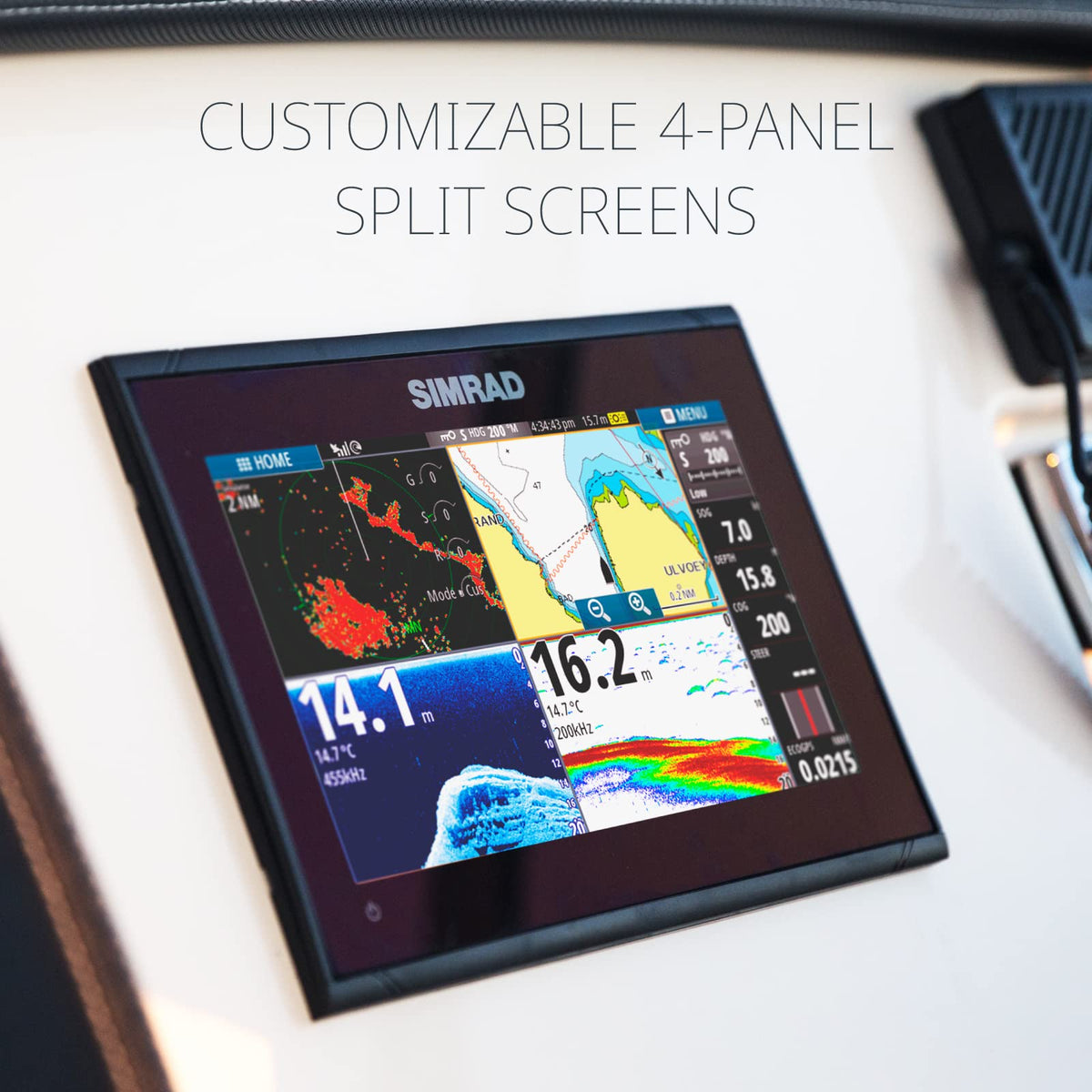 Simrad GO9 XSE with C-MAP DISCOVER maps card for inland and coastal mapping.