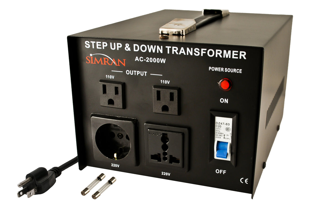 Simran AC-2000 voltage converter transformer front view with outlets for universal power compatibility.