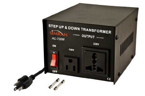 Simran AC-750 transformer front view with dual outlets for worldwide use.
