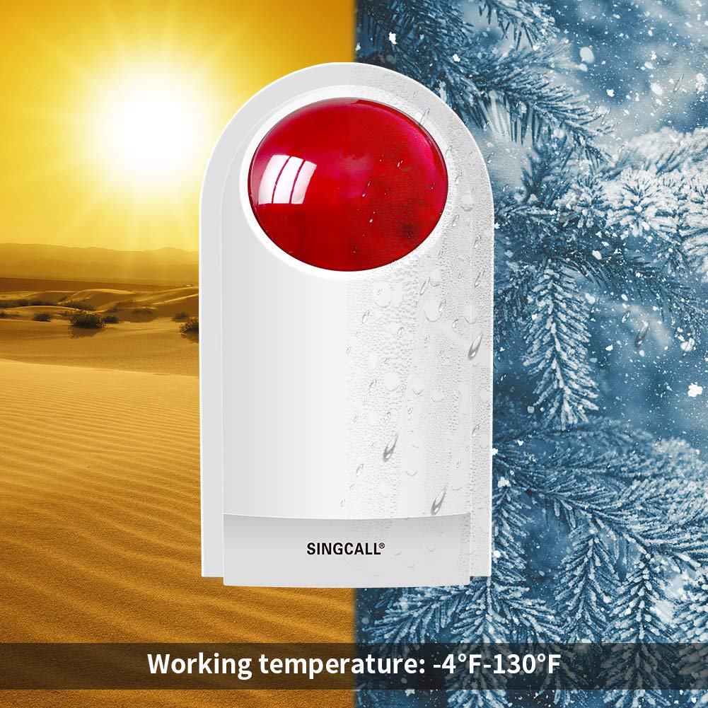 SINGCALL siren installed on outdoor wall, shows clear audible notification coverage