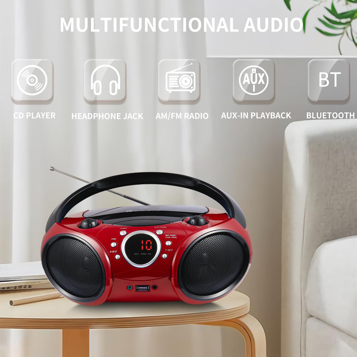 SINGING WOOD rear ports showing USB, Aux and power connections for versatility