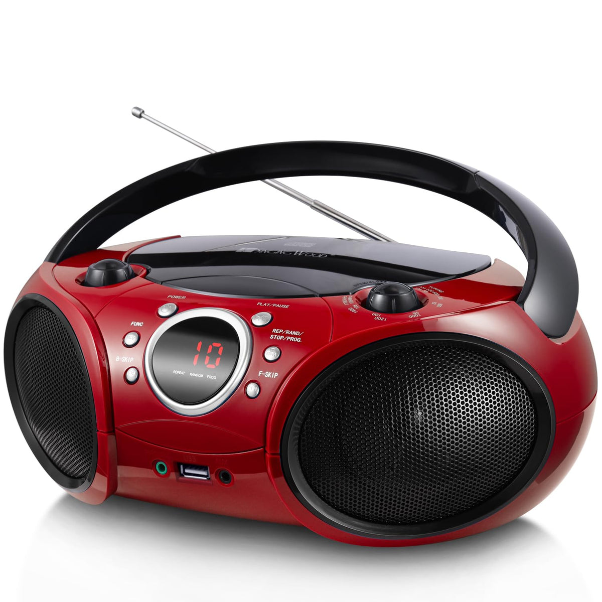 SINGING WOOD boombox front view showing dual speakers and LED display for clear sound