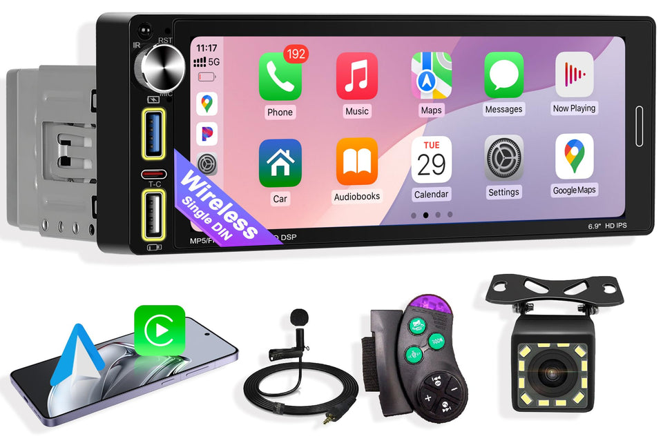Single Din Car Stereo front view showing display and buttons for easy control