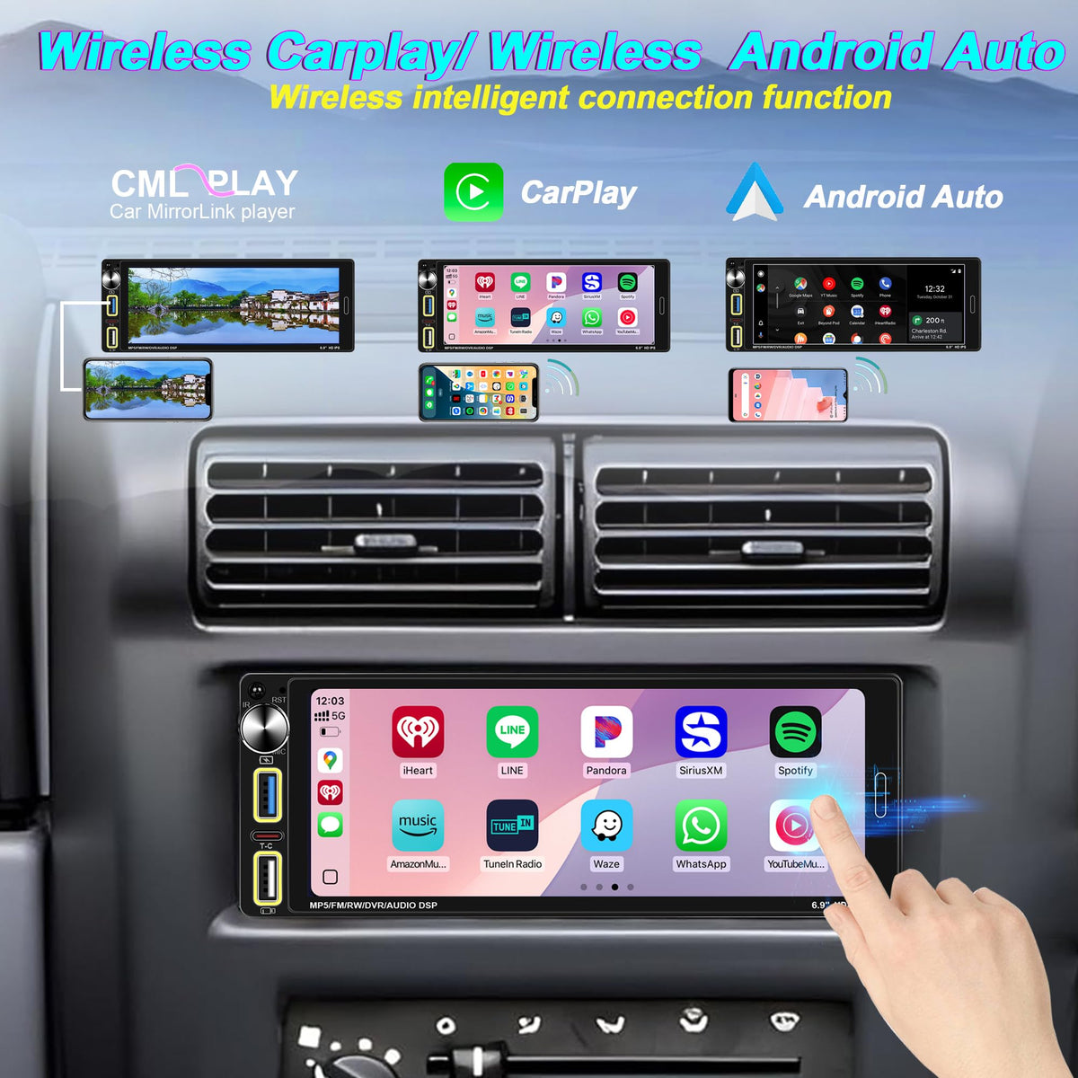Single Din Car Stereo touchscreen close-up revealing responsive controls and safer navigation