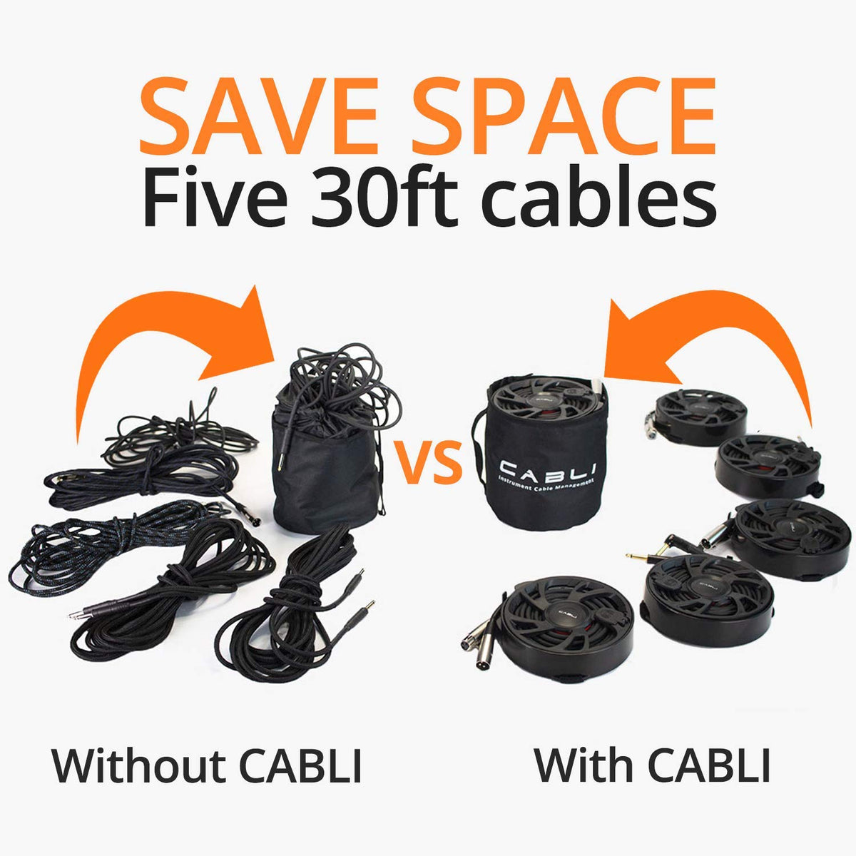 Rubber cables up to 20ft fit in Cabli’s compact form.