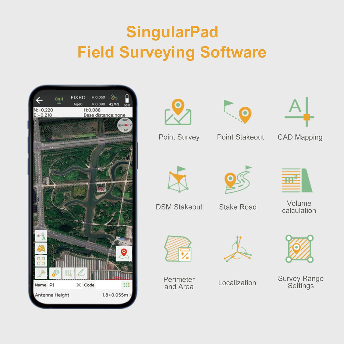 SingularXYZ E1 tilt measurement module highlights precise tilt data for accurate setup.