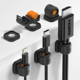 Sinjimoru front view showing six black magnetic cable clips and tidy organization benefit