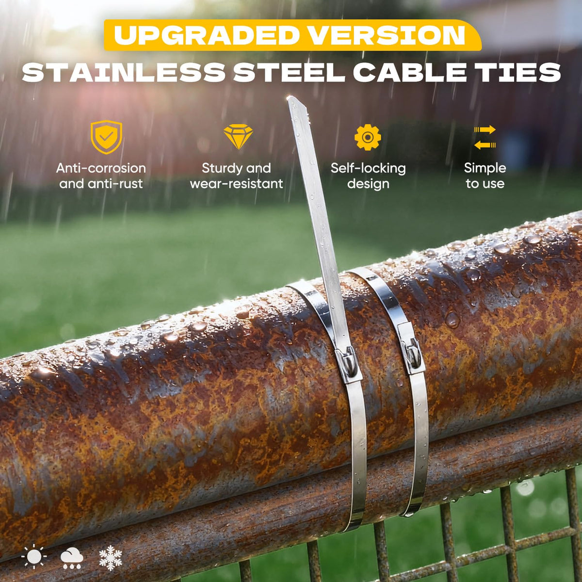 Sinlon zip ties close-up of 304 stainless steel construction and locking mechanism.