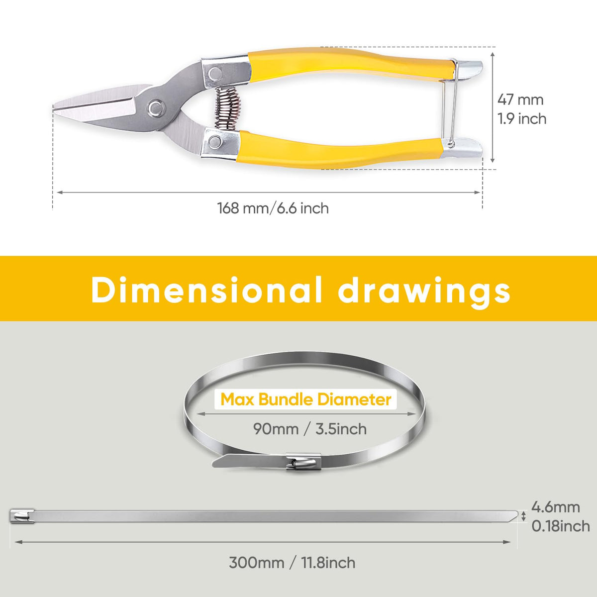 Sinlon zip ties packaging includes 100 pieces and industrial scissors.