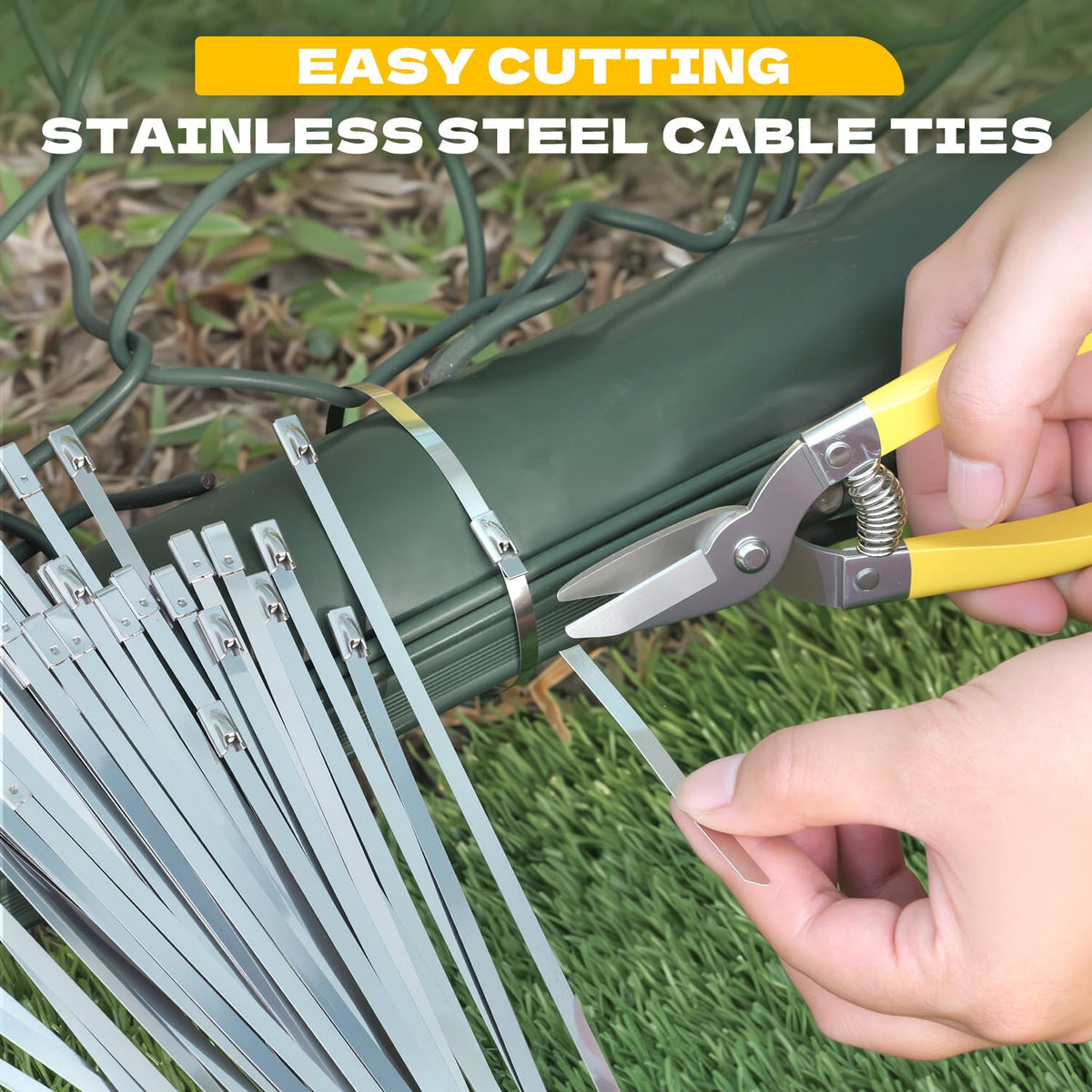 Sinlon zip ties with included tie cutter for quick trimming.