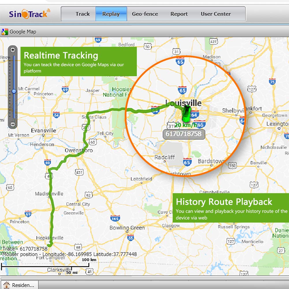 SinoTrack ST-907L app screenshot on phone showing real-time map tracking benefit