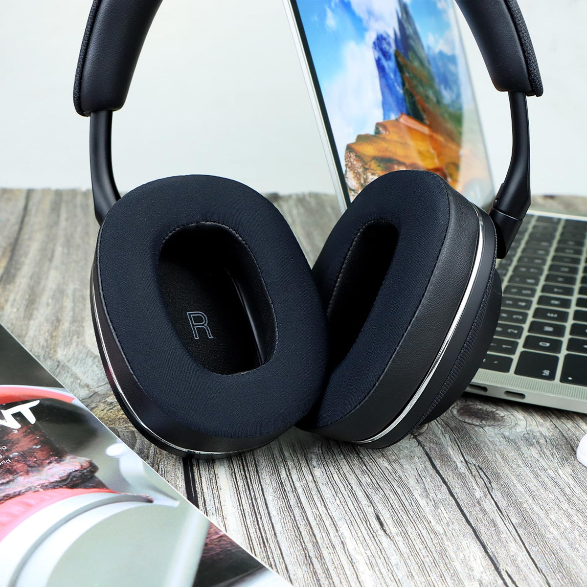 SINOWO ear pads installed on headphones for a refreshed, snug fit.