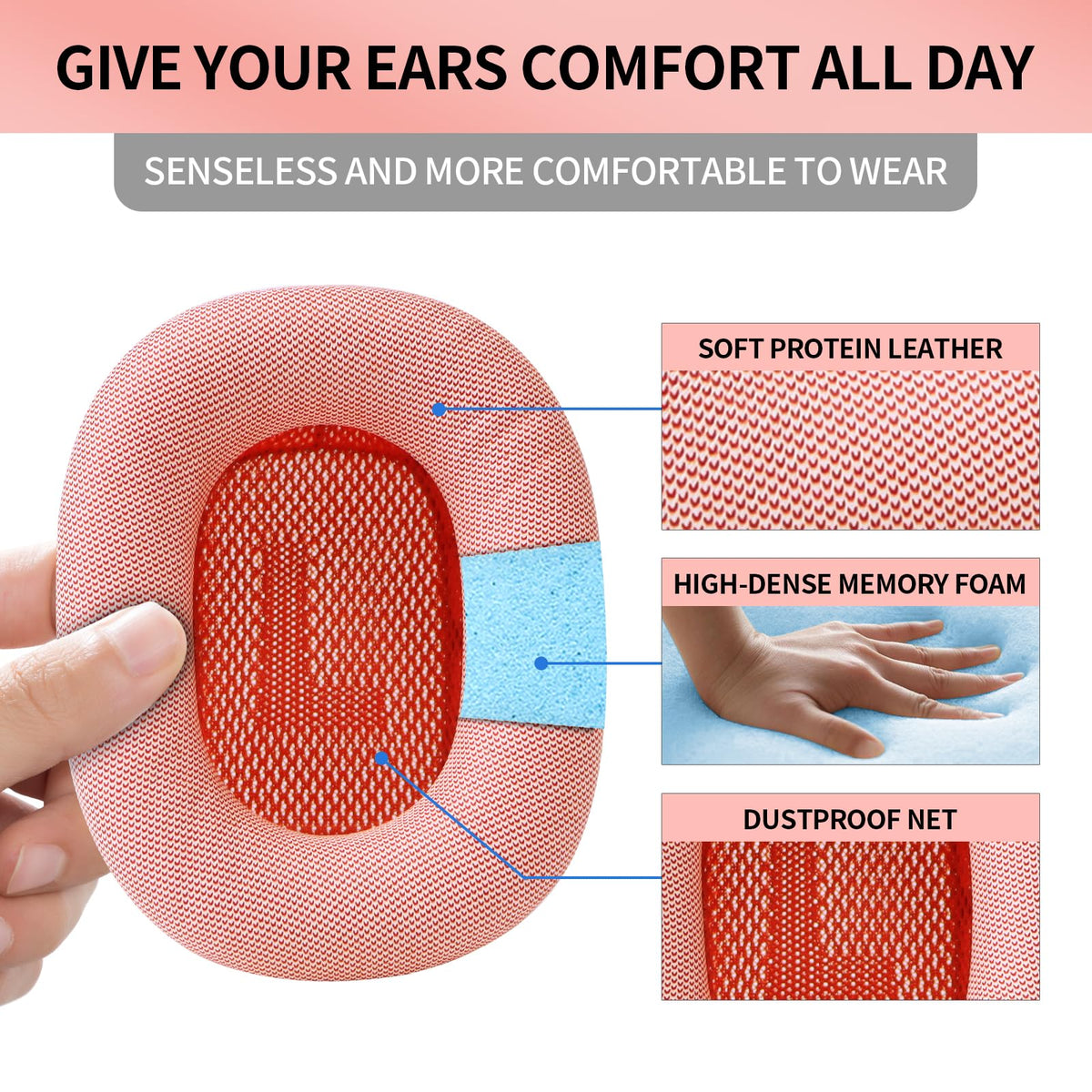 SINOWO pink cushions magnetically attach to AirPods Max for quick replacement.