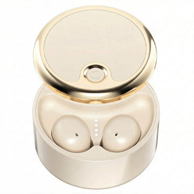 Siowen Lunar White closeup earbuds showing a discreet, compact profile for sleep and travel.
