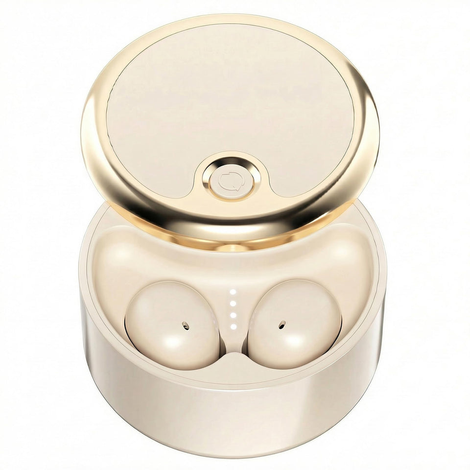 Siowen Lunar White closeup earbuds showing a discreet, compact profile for sleep and travel.