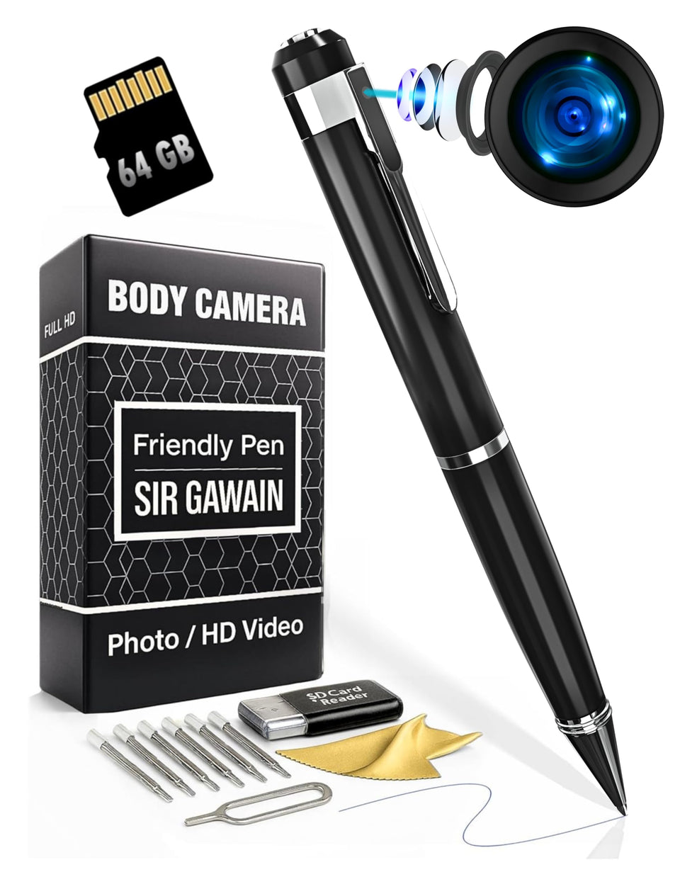 SIRGAWAIN pen front view showing camera and professional finish for discreet recording