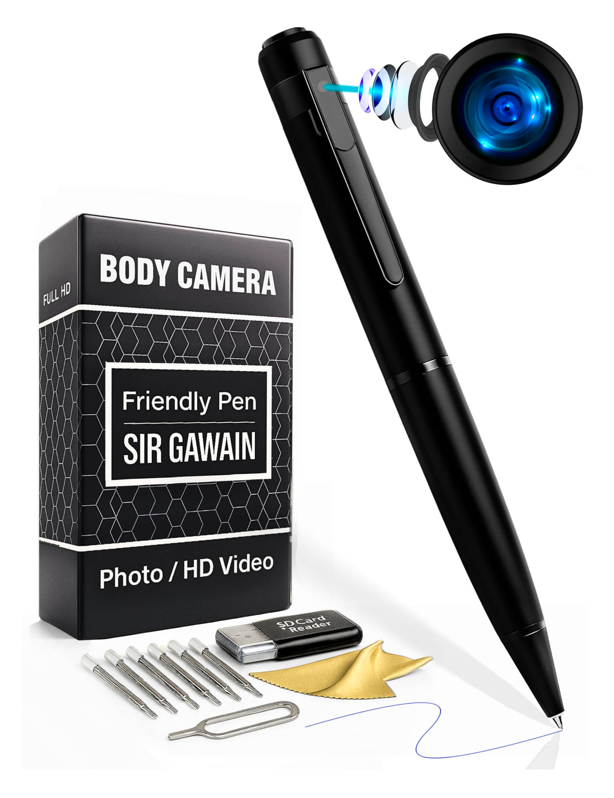SIRGAWAIN pen front view showing camera and professional finish for discreet recording