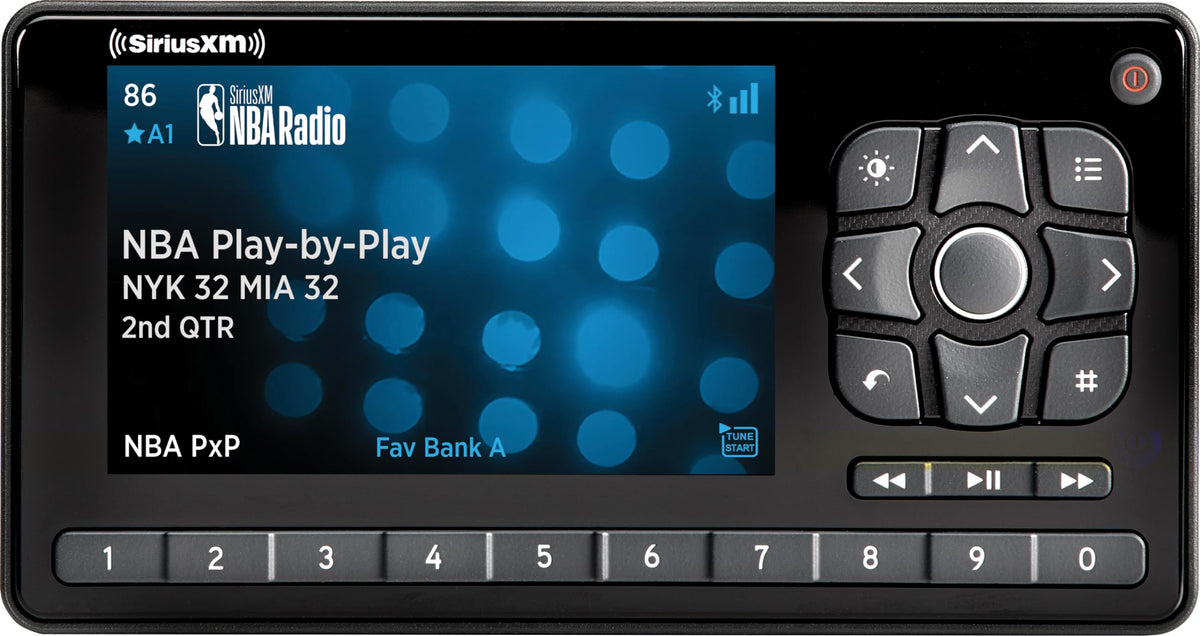 SiriusXM Roady BT front display showing channel and benefits