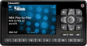 SiriusXM Roady BT front display showing channel and benefits