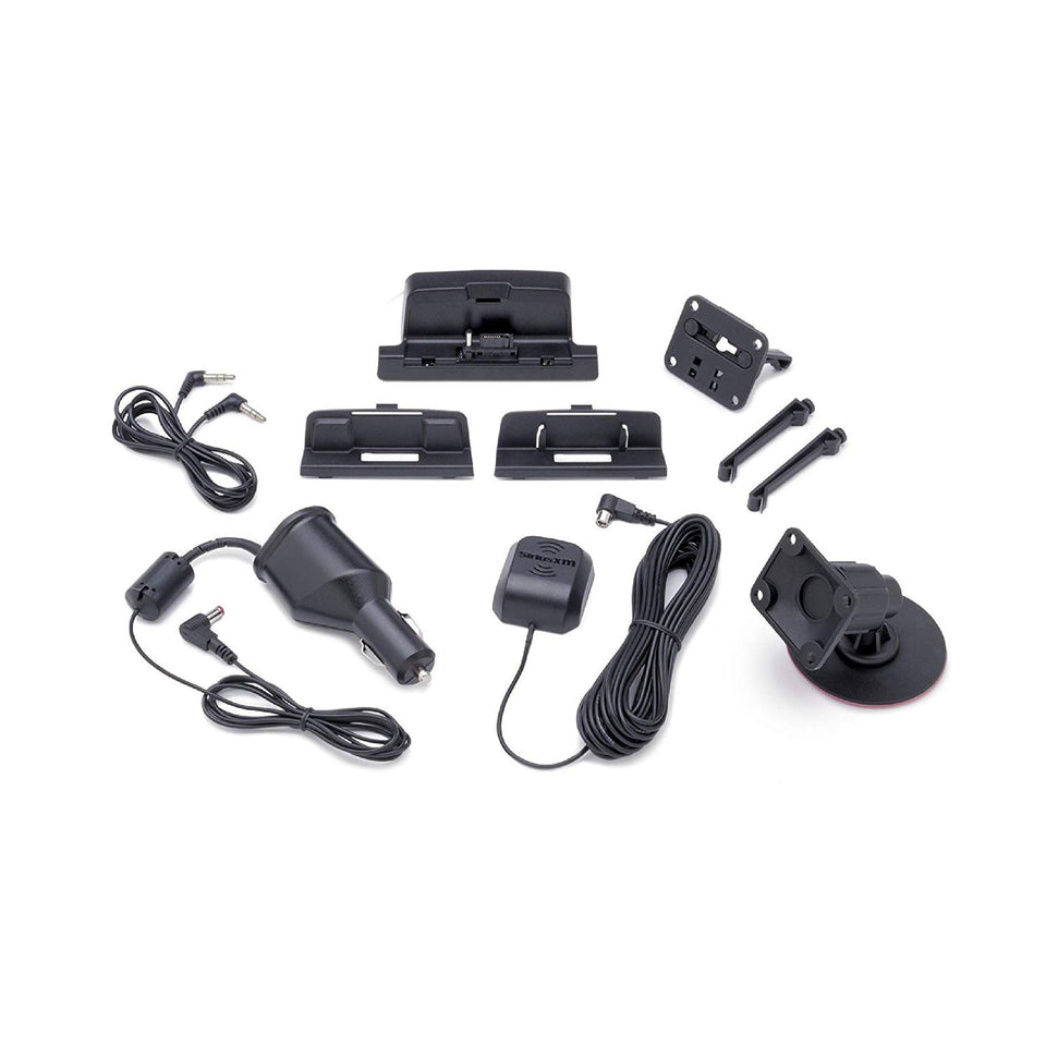 SiriusXM vehicle dock front view showing secure hold and easy charging benefit