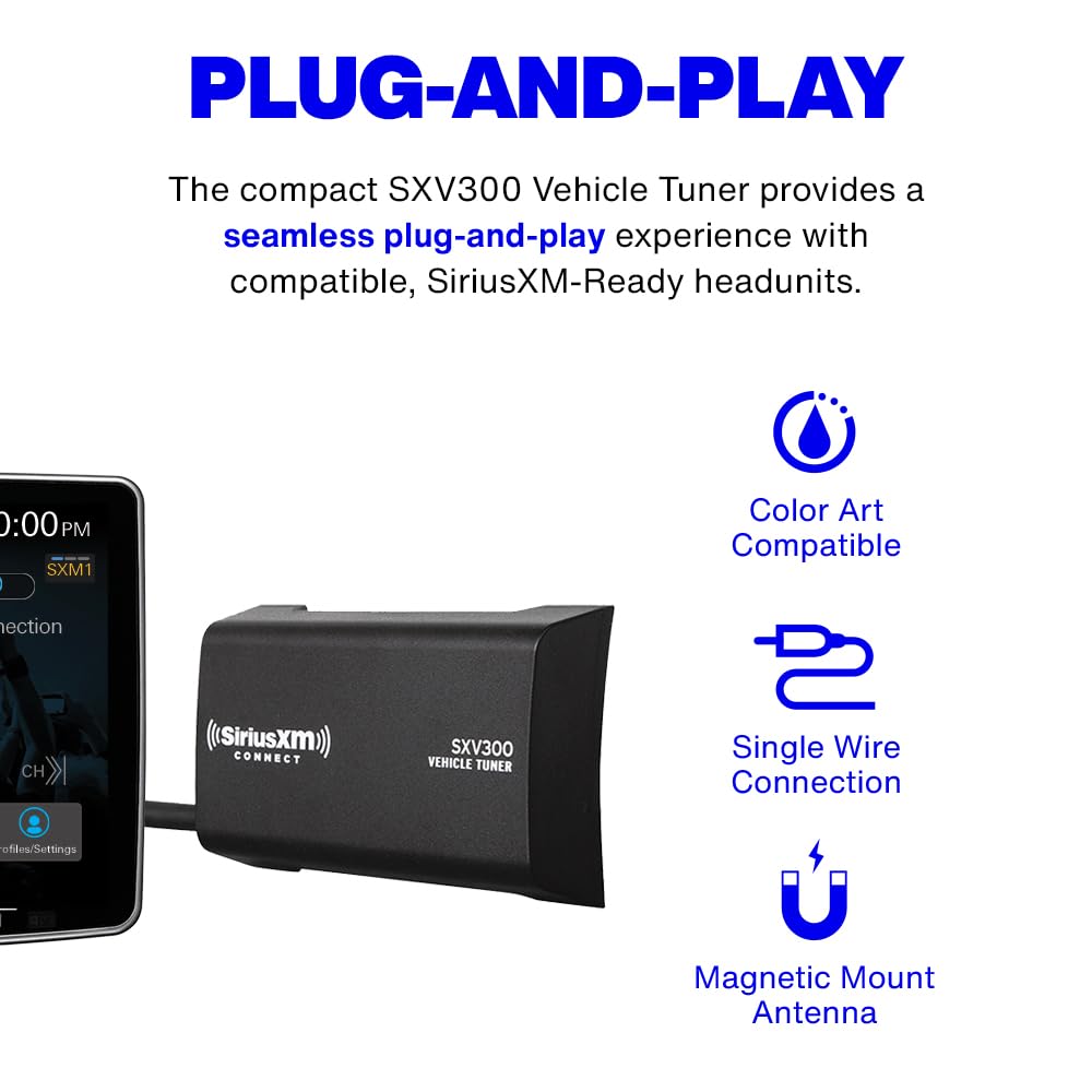 SiriusXM SXV300V1 color-screen headunit displays album art and logos.