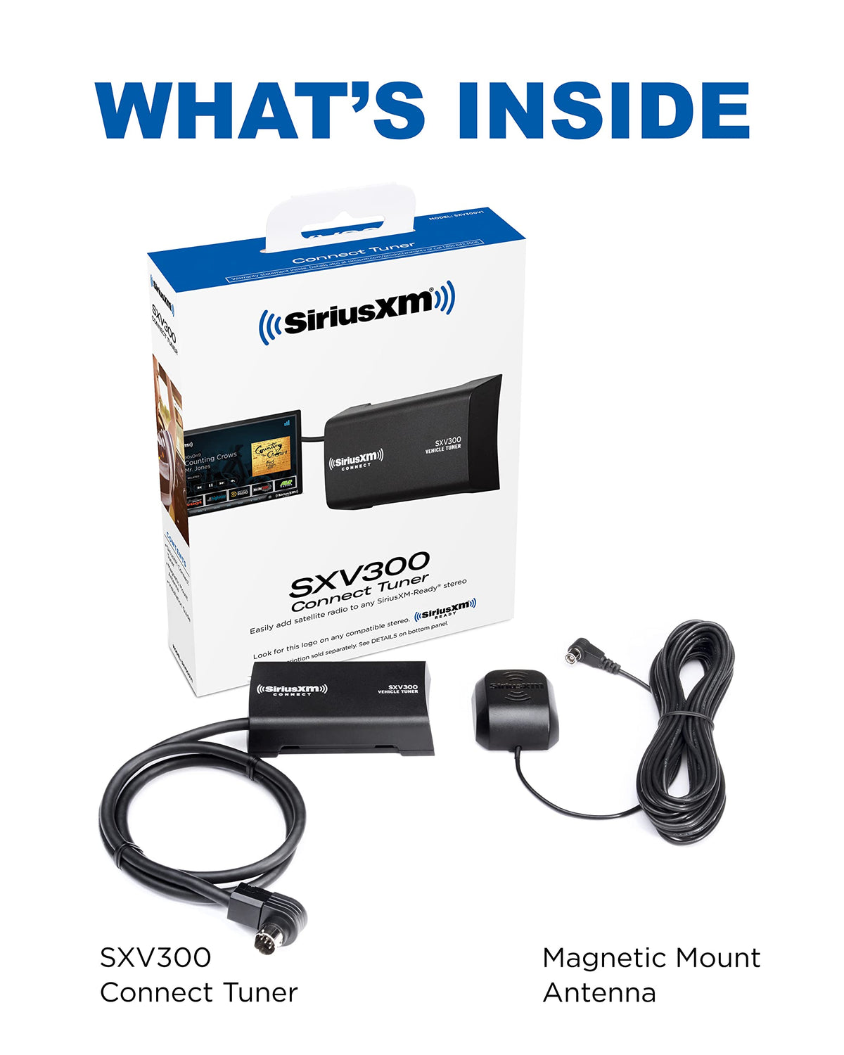 SiriusXM SXV300v1 box and contents showing included antenna and tuner