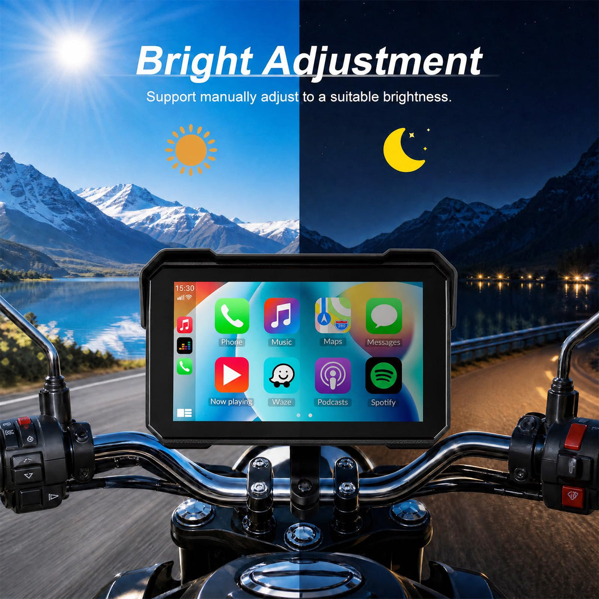 SIXTOP night mode screen on motorcycle shows reduced glare benefit