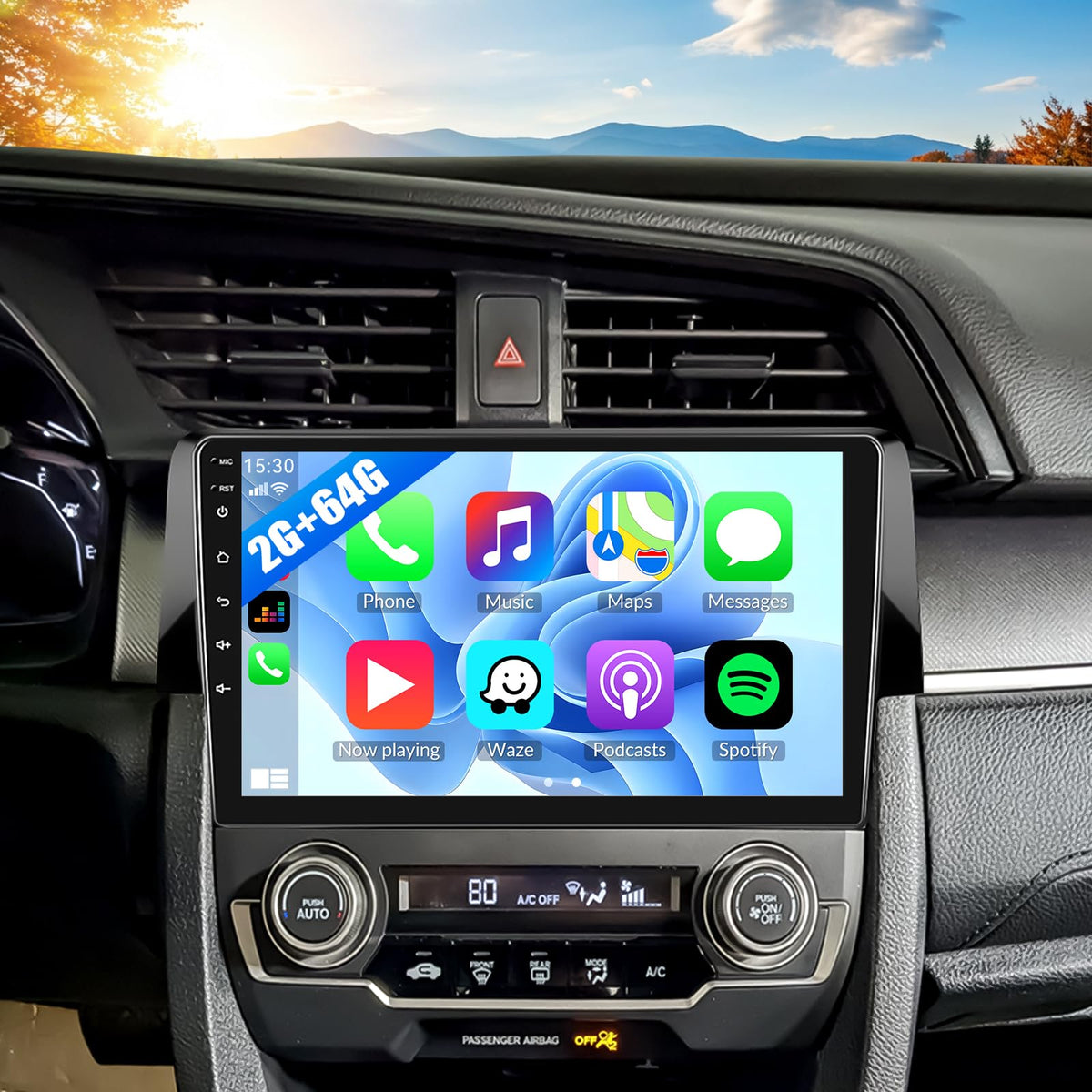 SixWIN Android 15 car stereo front view, seamless Civic fit for a clean dashboard