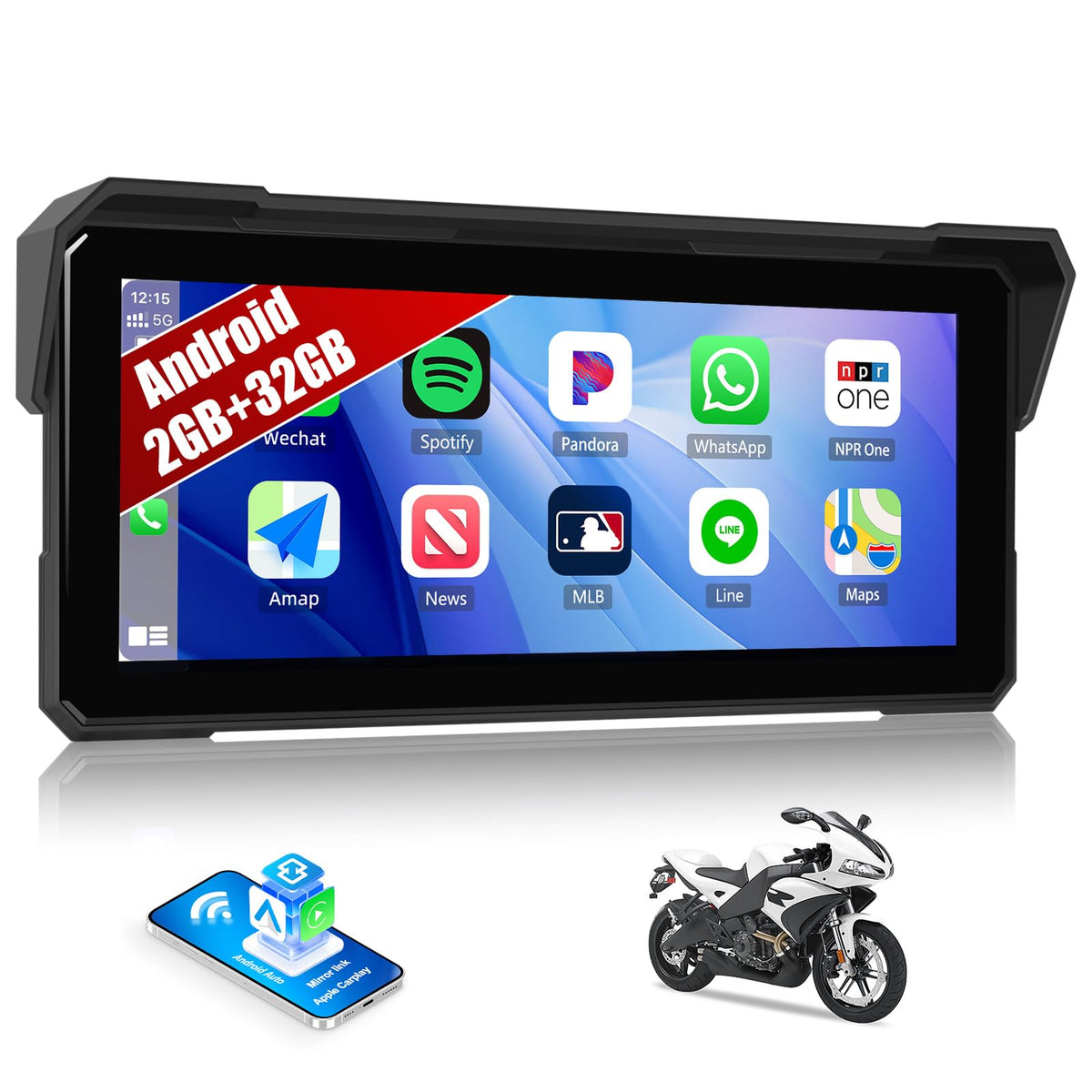 SixWIN Android CarPlay screen on motorcycle with 8.1-inch display and quick wireless pairing
