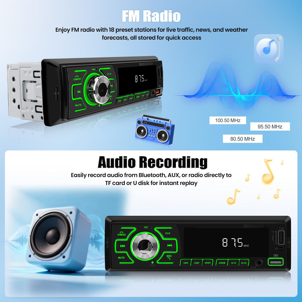 SIXWIN audio recording feature captures Bluetooth, AUX, or radio broadcasts.