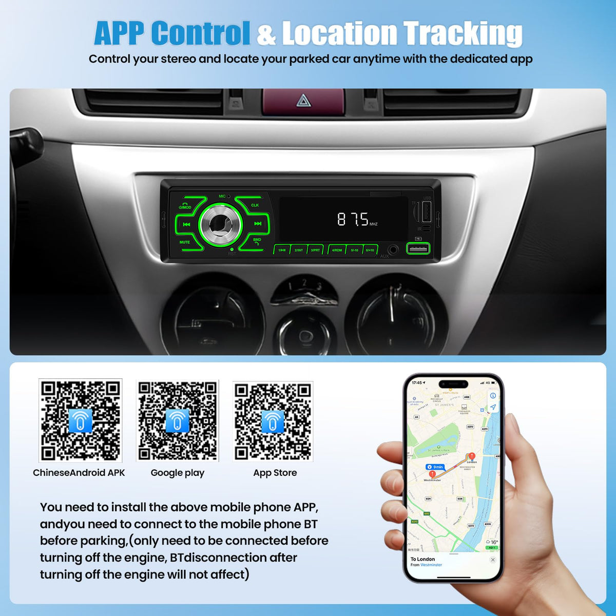 SIXWIN app-controlled 1 DIN stereo for remote car settings.