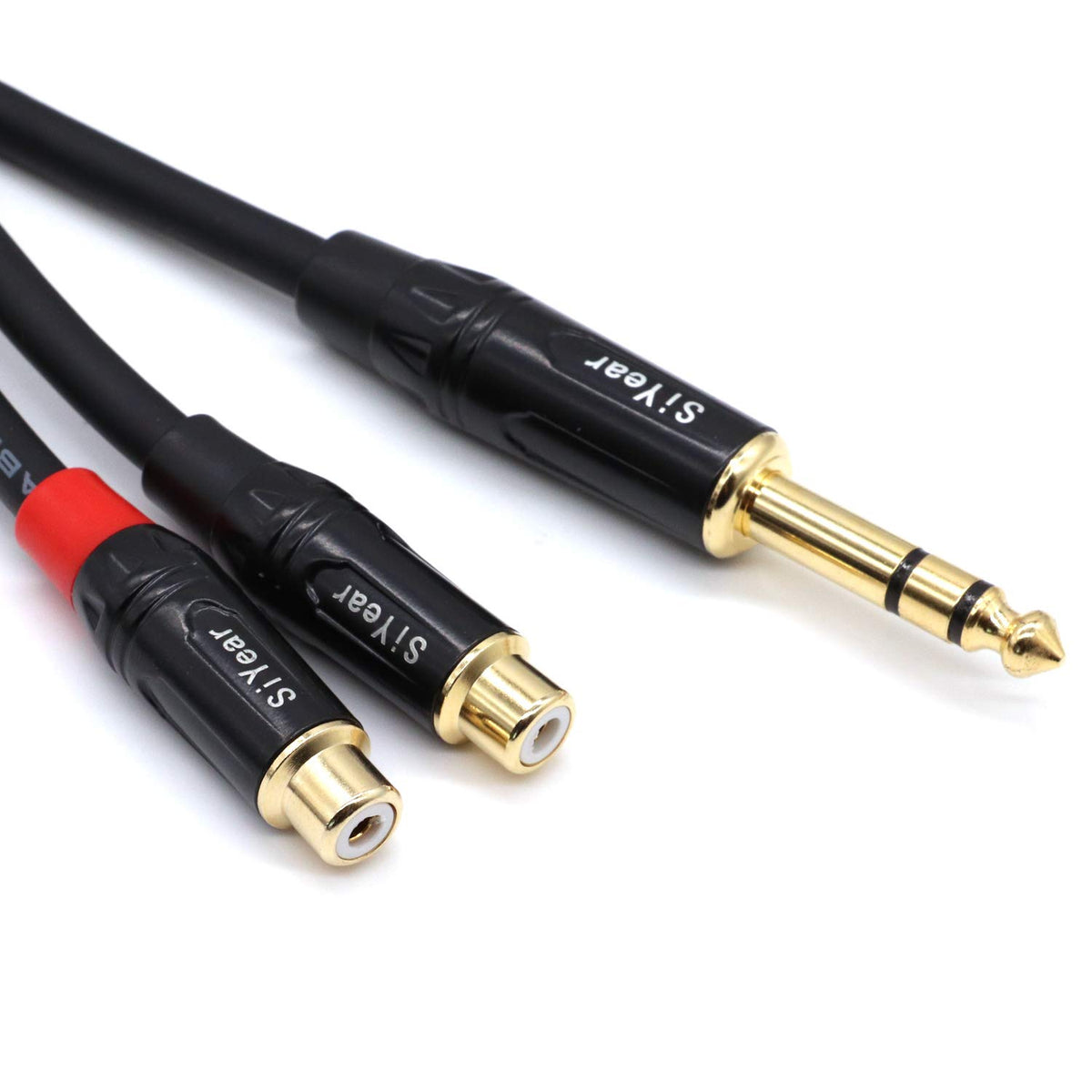 SiYear front view of 6.35mm TRS to dual RCA cable showing professional finish and reliability