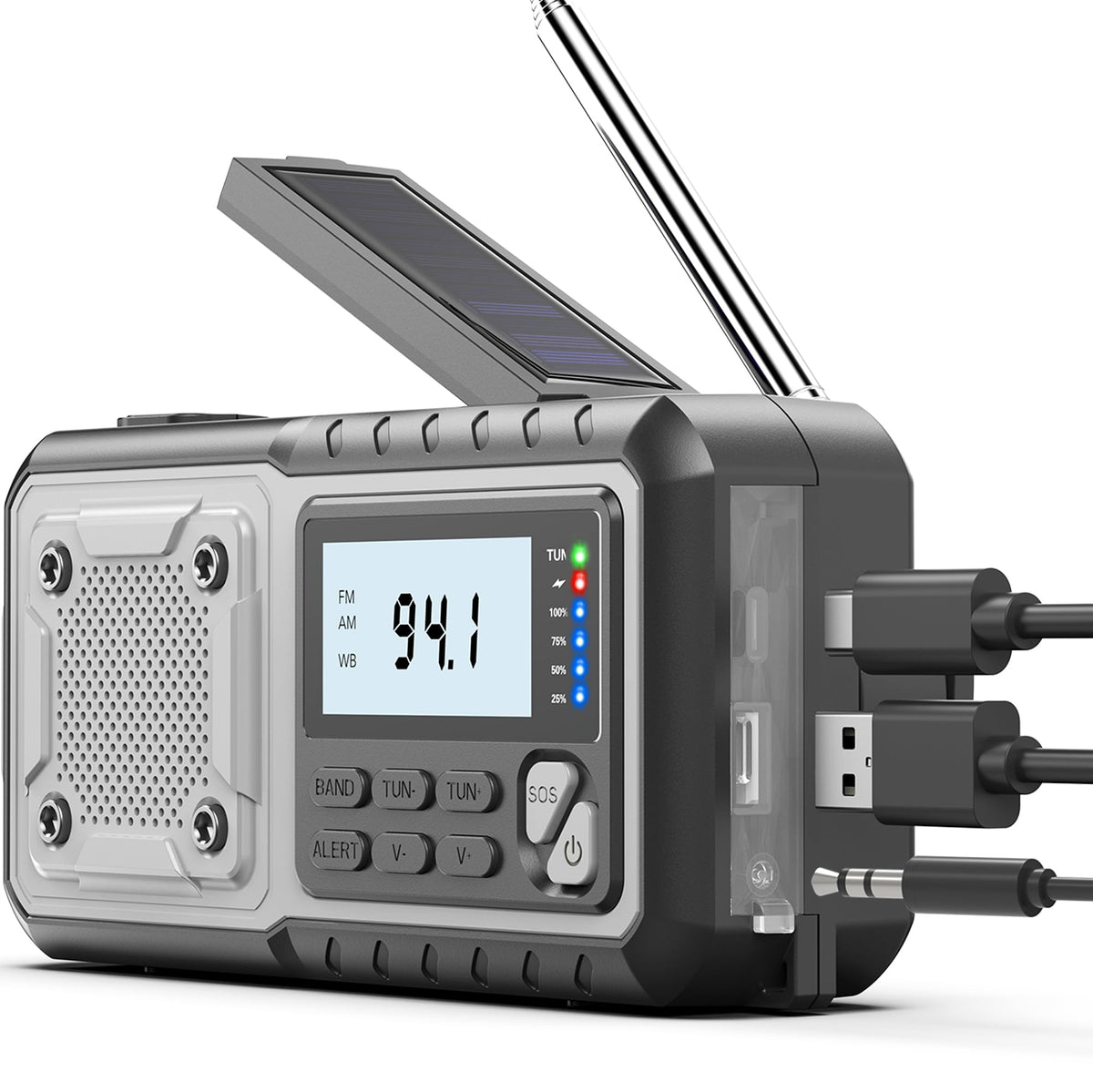 SIYEGK emergency radio with solar panel ready to charge during outdoor adventures