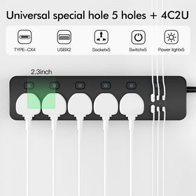 SIYOMG power strip USB ports close-up showing multi-device charging options.