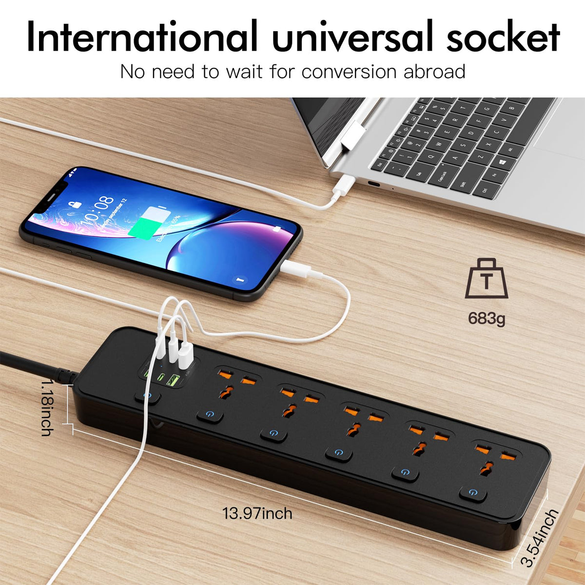 SIYOMG power strip wide-plug spacing demonstrates compatibility with large adapters.