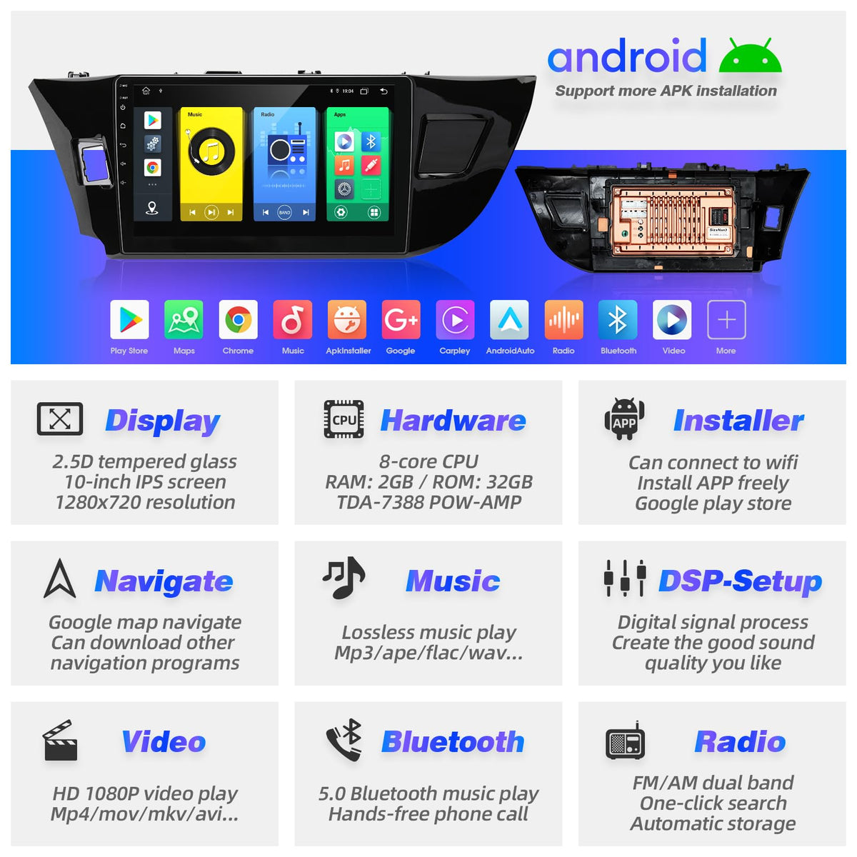 SizxNanv 10-inch touchscreen showing navigation and media in bright detail